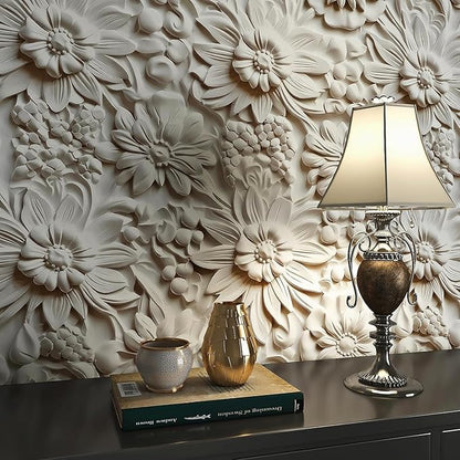 FunStick 17.5x590 Off White 3D Floral Peel and Stick Wallpaper Vintage Embossed Floral Contact Paper White Vinyl Renter Friendly Wall Paper for Bathroom Kitchen Accent Wall Cabinets Ceiling Waterproof