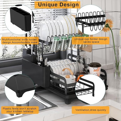 2 Tier Metal Dish Drying Rack Without Installation Sturdy Dish Racks for Kitchen Counter with Drain Board Multifunctional Storage and Drainage Apartment Essentials Medium Size