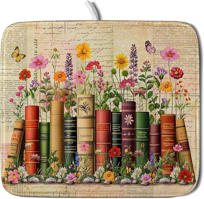 Colorful Books Kitchen Drying Mat - Watercolor Floral Drying Matt Kitchen Counter 16 X 18 In