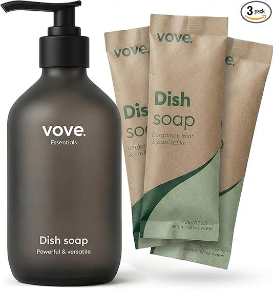 Vove Dish Soap Starter Set with Refillable Glass Pump Bottle & 3 Refills, Bergamot Mint & Basil, Powder-to-Gel Dishwashing Liquid, Plant-Based Concentrated Formula, Plastic-Free Packaging