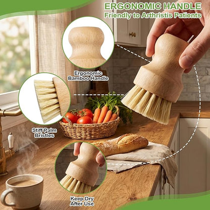 Bamboo Dish Scrub Brushes,Kitchen Wooden Cleaning Scrubbers Set with 100 Kitchen Sink Strainer Mesh Bags, 1 Kitchen Squeegee,4 Pack Round Mini Dish Brush with Ceramic Holder for Kitchen Sink Cleaning