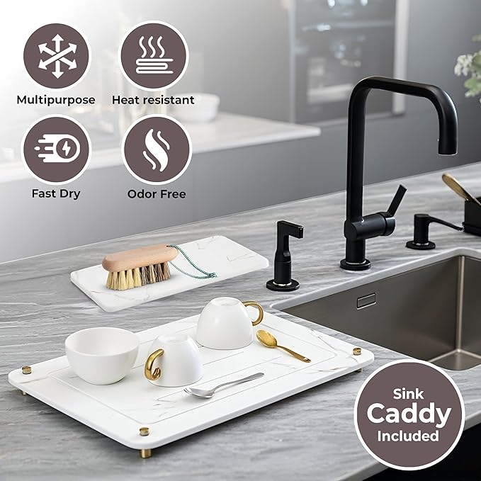 Stone Drying Mat for Kitchen Counter + Sink Caddy | 15.7"x11.8" Diatomaceous Earth Drying Mat with Stainless Steel Feet | Heat Resistant to 450°F | Eco-Friendly & Multipurpose Drying Mat
