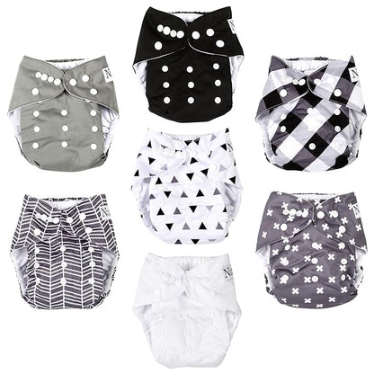 Nora's Nursery Cloth Diapers 7 Pack with 7 Inserts & 1 Wet Bag - Waterproof Cover, Washable, Reusable & One Size Adjustable Pocket Diapers for Newborns and Toddlers - B&W Unisex 2
