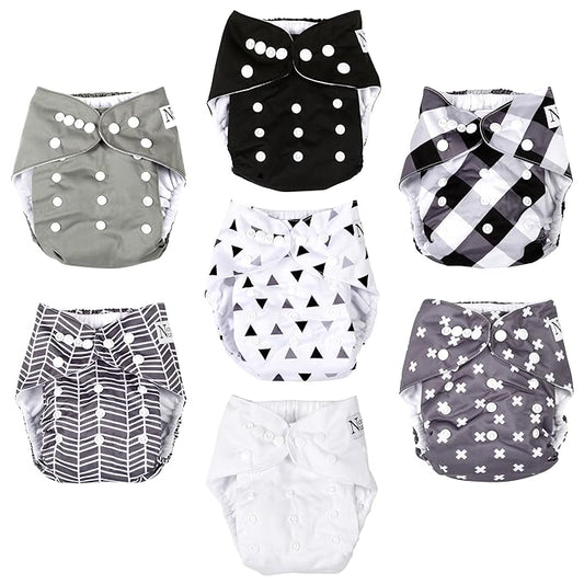 Nora's Nursery Cloth Diapers 7 Pack with 7 Inserts & 1 Wet Bag - Waterproof Cover, Washable, Reusable & One Size Adjustable Pocket Diapers for Newborns and Toddlers - B&W Unisex 2