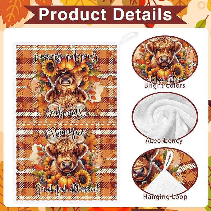 Highland Cow Fall Kitchen Towels, 6PCS Hey Fall Dish Towels Pumpkin Maple Leaf for Cooking Cleaning, Thanksgiving Autumn Decorative Tea Towel for Home Kitchen Bathroom(16 X 24 Inches)