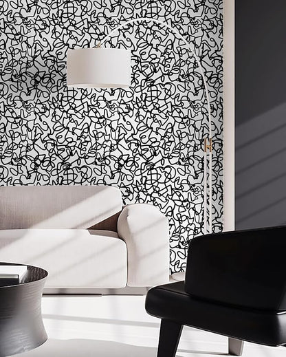 Ismoon 17.3"X196" Unique Black and White Peel and Stick Wallpaper Scribbles Wallpaper Modern Black Contact Paper Thickened Removable Self-Adhesive Wall Paper for Home Decoration Vinyl Film Roll