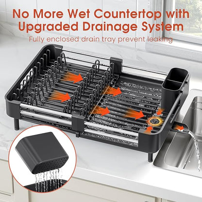 TOOLF Dish Drying Rack, Expandable Dish Rack for Kitchen Counter, Anti-Rust Dish Drainer, Sink Organization and Storage Essentials with Cutlery & Cup Holder, Black