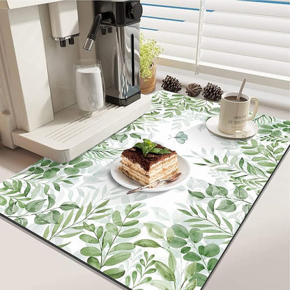 LOKHOM Dish Drying Mat for Kitchen Counter, 18"x24" Absorbent Mat with Green Plant & Butterfly Pattern, Drain Rack Mat for Counter Coffee Maker, Dining Room Decor
