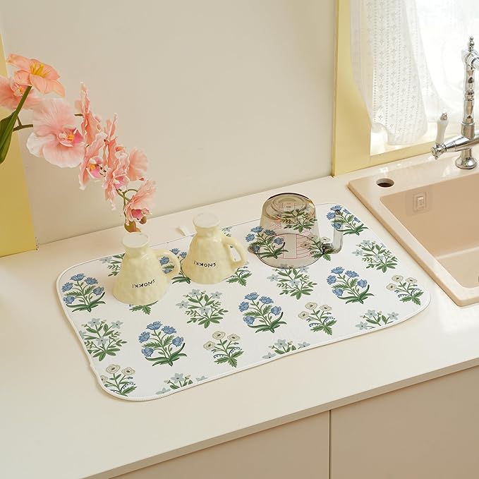 Spring Dish Drying Mat 18x24 Inches For Kitchen Counter Absorbent Floral 4 Kitchen Decoration Summer Floral Drying Mat For Home Kitchen,Dining Room,Office Decoration
