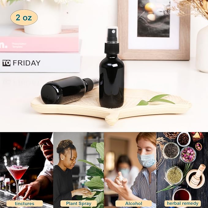NOOEEISS Black Glass Small Spray Bottle 2 oz 48 Packs,Fine Mist Sprayer Small Clear Bottles,Refillable Containers mini spray bottles for Cleaning Solutions and Skin Care (Black 48pcs)