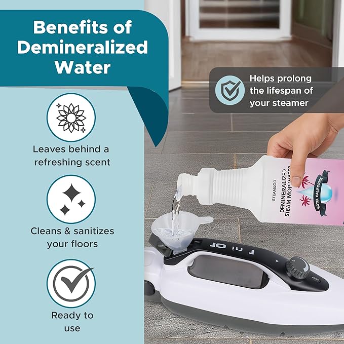 Steam & Go Deminerilized Water - Multi-Surface Cleaner for Steam Cleaners, Hardwood Floors, Kitchens, & Bathrooms - Germ-Killing Formula - Hotel California Scent - 32 Ounces (Pack of 18)