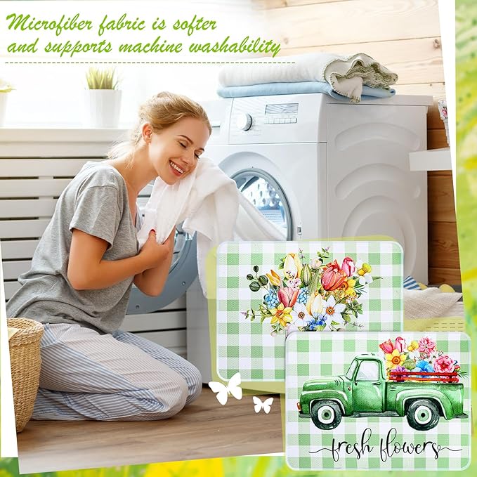 SiliFine 2 Pcs Dish Drying Mat for Kitchen, Spring Floral Absorbent Microfiber Dish Mat Counter 18 x 24 Inch Truck Flower Leaves Draining Green Drying Reusable Washable Pad