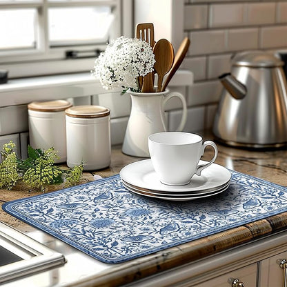 Blue Floral Dish Drying Mat for Kitchen Counter Boho Flowers Dishes Drainer Mats Rustic Farmhouse Microfiber Absorbent Dish Draining Spring Summer Reversible Dish Rack Pad Large 18x24 Inch
