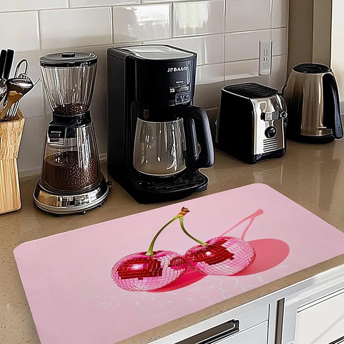 Pink Cherry Disco Ball Dish Drying Mat, Preppy Glam Cherries Coffee Bar Mat for Countertops, Pink Y2K Disco Absorbent Dish Drying Mats for Kitchen Counter Coffee Maker, 16x24 Inch