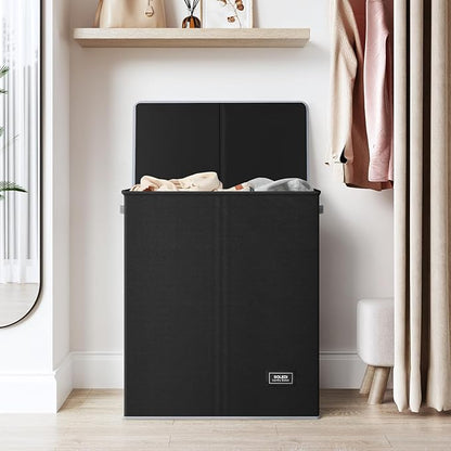 SOLEDI Double Laundry Hamper with Lid and Removable Laundry Bags - Large Dirty Clothes Hamper 2 Section - Collapsible Laundry Baskets for Bedroom, Bathroom, Laundry room, Apartment, Black