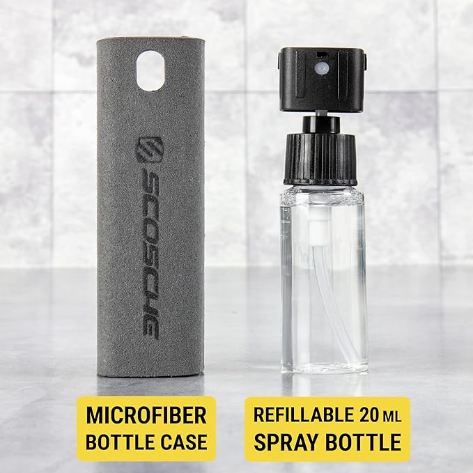 Scosche 2-in-1 Electronic Cleaner Spray with Microfiber Cloth for Electronics, Streak-Free Cleaning for TV, Computer, Phone, iPhone, Laptop, MacBook, Car Screen, 20ml Small Spray Bottle, Gray