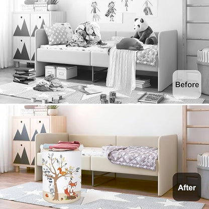 Forest Animals Laundry Hamper Woodland Tree Large Storage Basket Parents Organizer Kids Clothes Toy Bins for Bedroom, Bathroom, Fox, 63L