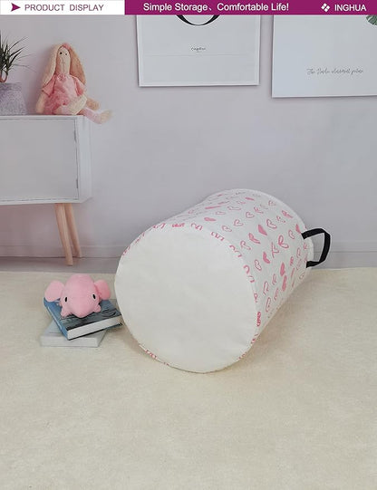 Laundry Hamper Large Canvas Fabric Lightweight Storage Basket/Toy Organizer/Dirty Clothes Collapsible Waterproof for College Dorms, Boys and Girls Bedroom,Bathroom(Pink hearts)