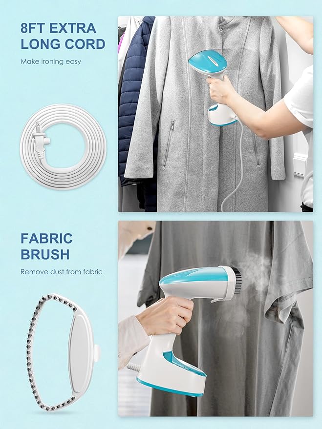 Reemix Steamer for Clothes, Folding Handheld Design Garment Wrinkles Remover, 20g/min Strong Penetrating Steam, 25-Sec Fast Heat-up, for Home, Office and Travel (Aqua)
