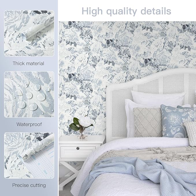 Dimoon 197"x17.3" Floral Peel and Stick Wallpaper Boho Blue White Contact Paper Flower Removable Wallpaper Renter Friendly Kitchen Wall Paper Shelf Liner Bathroom Self Adhesive Vintage Thicken Vinyl