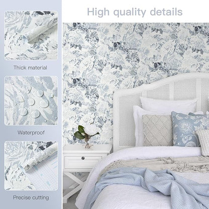 Dimoon 197"x17.3" Floral Peel and Stick Wallpaper Boho Blue White Contact Paper Flower Removable Wallpaper Renter Friendly Kitchen Wall Paper Shelf Liner Bathroom Self Adhesive Vintage Thicken Vinyl