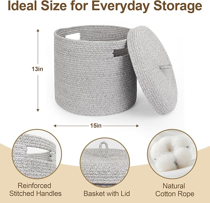 Storage Basket with Lid, Woven Blanket Storage for Living Room, Soft Cotton Rope Bin with Lid, Round Wicker Laundry Basket with Cover, Lidded Kid Dog Toy Box, Nursery Organizer, 15"x13", Gray