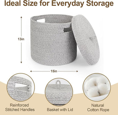 Storage Basket with Lid, Woven Blanket Storage for Living Room, Soft Cotton Rope Bin with Lid, Round Wicker Laundry Basket with Cover, Lidded Kid Dog Toy Box, Nursery Organizer, 15"x13", Gray