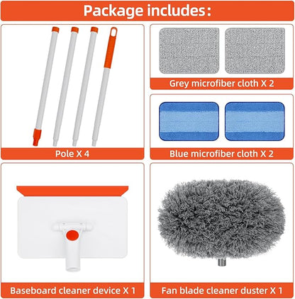 Baseboard Cleaner Tool with Handle, Extendable Long Handle Baseboard Cleaning Duster with Reusable Pads for Floorboard, Ceiling Fan Blade Cleaner Duster (Gray)