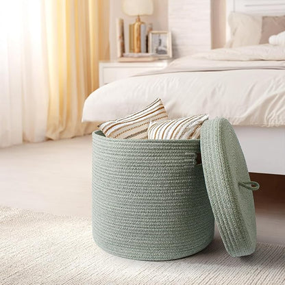 Storage Basket with Lid, Woven Blanket Storage for Living Room, Cotton Rope Bin with Lid, Round Wicker Laundry Basket with Cover, Lidded Kid Dog Toy Box, Nursery Organizer, 15"x13", Green