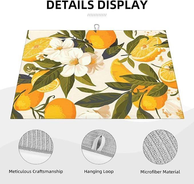 Orange Blossom Dish Drying Mats for Kitchen Counter, Absorbent Reversible Microfiber Dish Drying Pad, Multi-Use Large Drying Mat Coffee Bar Accessories 18"x24"
