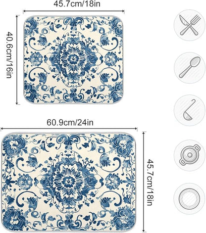 Dish Drying Mat Kitchen Mat Large Size 18 x 24 Blue White Floral Washable Dishes Drainer Mat for Countertop