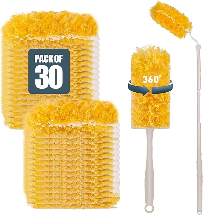 Heavy Duty Duster Refills 30 Pack, 360° Multi Surface Feather Dusters Kit with Extendable 3FT Handle, Disposable Microfiber Dusters for Cleaning Furniture, Blinds, Ceiling Fan & Car