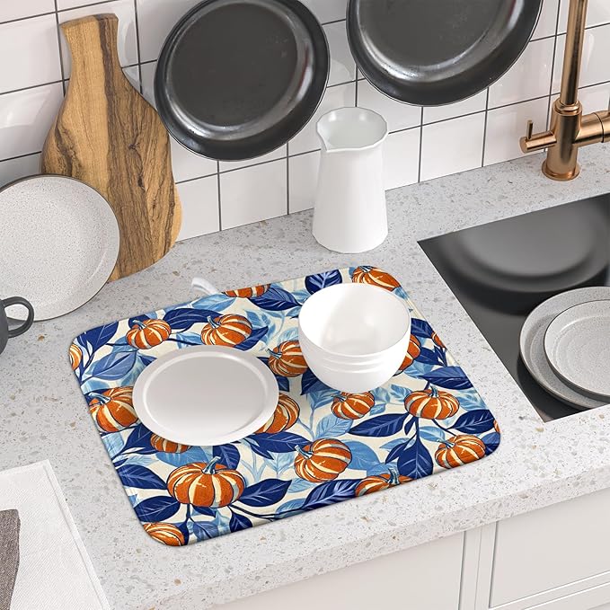 Blue Burnt Orange Fall Pumpkin Dish Drying Mat for Kitchen Counter 16x18 Autumn Theme Thanksgiving Day Absorbent Reversible Microfiber Drying Mats Kitchen Countertop Protector Dishes Drainer Pad