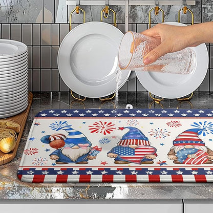 4th of July Dish Drying Mats for Kitchen Counter 18x24 In Memorial Independence Day Patriotic Gnome Stars Microfiber Drying Mat Fourth of July USA Super Absorbent Dish Rack Mat Drying Pad