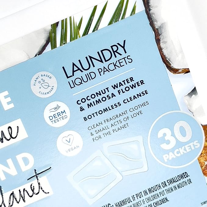 Love Home and Planet Coconut Water & Mimosa Flower Laundry Detergent Packets Similar to Laundry Powder Detergent and Detergent Pods Made with Plant Based Cleanser Comes with Clothespins (2 Pack 30 Count Each)