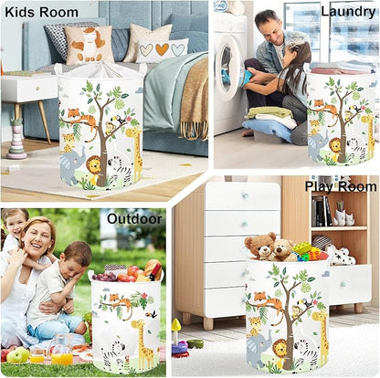 Forest Animals Laundry Hamper Woodland Tree Large Storage Basket Parents Organizer Kids Clothes Toy Bins for Bedroom, Bathroom, Giraffe, 63L