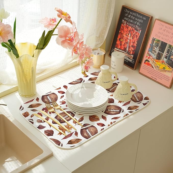Fall Dish Drying Mat 18x24 Inches For Kitchen Counter Orange Brown Baseball Leaves Kitchen Decoration Drying Mat Decorative Autumn Leaves Drying Pad for Home Kitchen,Dining Room Decor