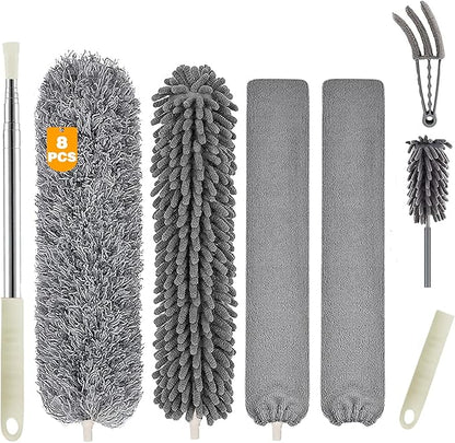 Microfiber Duster Cleaning Kit with 100 Inch Telescoping Extension Pole, Reusable Bendable Dusters, Washable Dusters for Cleaning Ceilings Fan Gray
