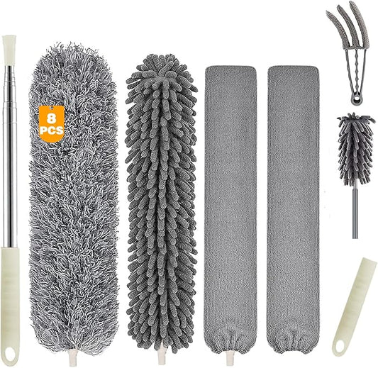 Microfiber Duster Cleaning Kit with 100 Inch Telescoping Extension Pole, Reusable Bendable Dusters, Washable Dusters for Cleaning Ceilings Fan Gray