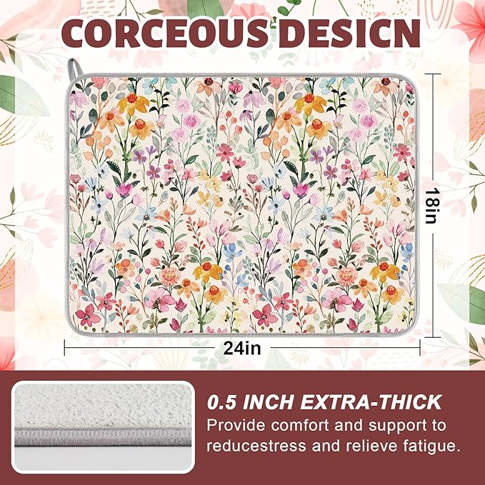 AnyDesign Flower Dish Drying Mat Watercolor Wildflower Floral Absorbent Dish Drainer Protector Pad for Spring Kitchen Countertop Tableware Decor, 18 x 24 Inch