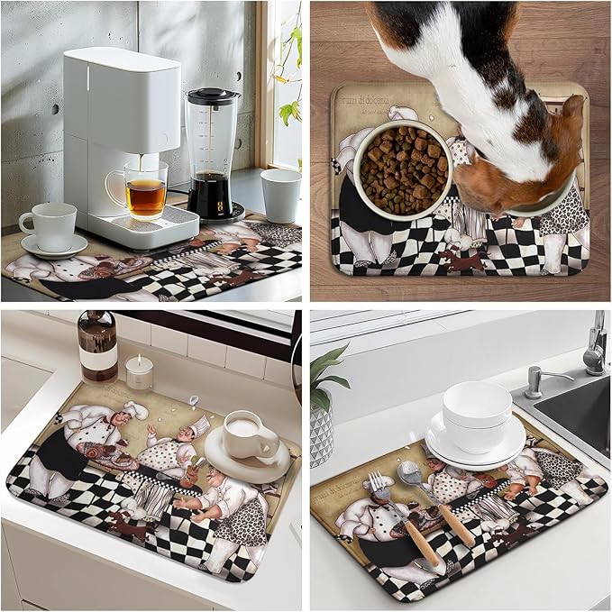 Fat Chef Dish Drying Mat For Kitchen Counter 18x24 Inch Microfiber Absorbent Drying Pad Chef Kitchen Drying Mat Dishes Pad Dish Drainer Rack Mats For Coffee Bar Decor Mats