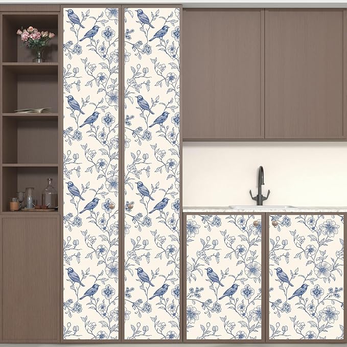 Beige Wallpaper Peel and Stick Blue Floral Bird Vintage Contact Paper 17.5" x 393" Boho Animal Self Adhesive Waterproof Removable for Bathroom Shelves Cabinet Drawer Table Decor Renter Friendly