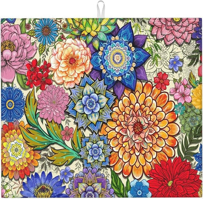 Boho Floral Dish Drying Mats for Kitchen Counter, Absorbent Microfiber Colorful Drying Pad for Dishes, Spring Easter Washable Decorative Kitchen Mat for Dining Area Sink, Home Decor, 16" x 18"