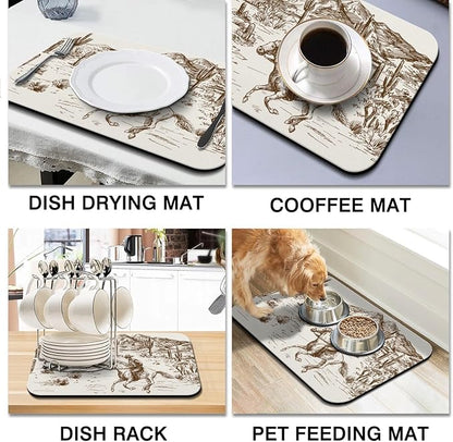 Dish Drying Mat for Kitchen Counter 2 Pack with Non-Slip Rubber Backing - Heat-Resistant Absorbent Coffee Bar Mat, Dish Rack Mat, Cowboy Dish Drying Mats 18x24+19.5x12 inch