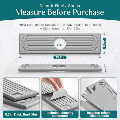 Eormoe Kitchen Sink Faucet Mat - 15.7in Diatomite Sink Protectors for Kitchen Sink, Stone Sink Splash Guard for Kitchen Counter Sink Accessories (Grey, 15.7'' x 3.9'')