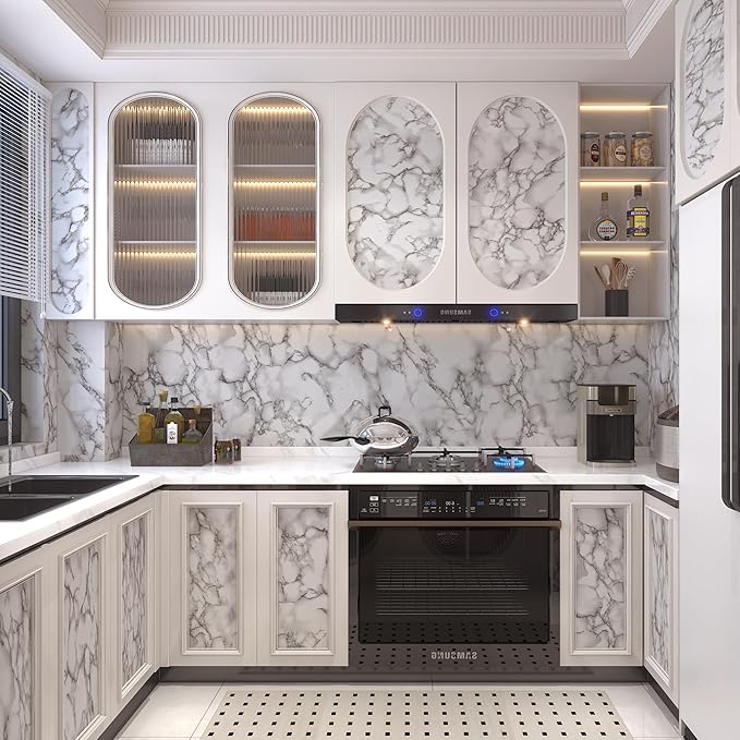 JSEVEM 16"×118" Grey White Marble Wallpaper Peel and Stick Waterproof Gray Marble Contact Paper Vinyl Wrap Glossy Textured Self Adhesive Granite DIY Tile Sticker for Kitchen Cabinets Table Countertops