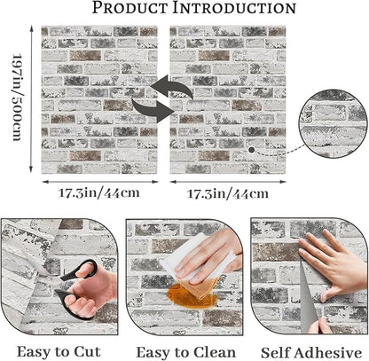 Brick Wallpaper Peel and Stick Wallpaper 17.3"x197" Grey and White 3D Brick Wallpapers Self Adhesive Vintage Wall Paper Removable Textured Contact Paper for Fireplace Kitchen Home Decoration Vinyl