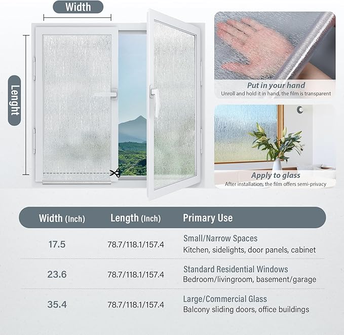 LUTE Rain Glass Window Film, Privacy Frosted Film Decorative Sticker, UV Blocking Static Cling Removable Glass Cover, Stained Frosting Cling Door Window Vinyl for Home Office, 35.4" x 157.4"