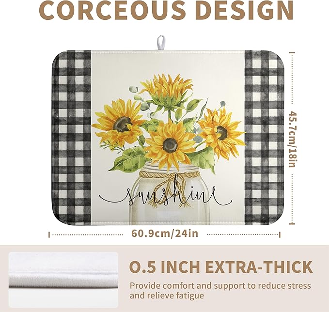 Summer Sunflower Dish Drying Mats for Kitchen Counter Spring Sunshine Kitchen Dishes Dryer Pad Flowers Absorbent Dish Mat Microfiber Washable Foldable Reusable Large 18x24 in
