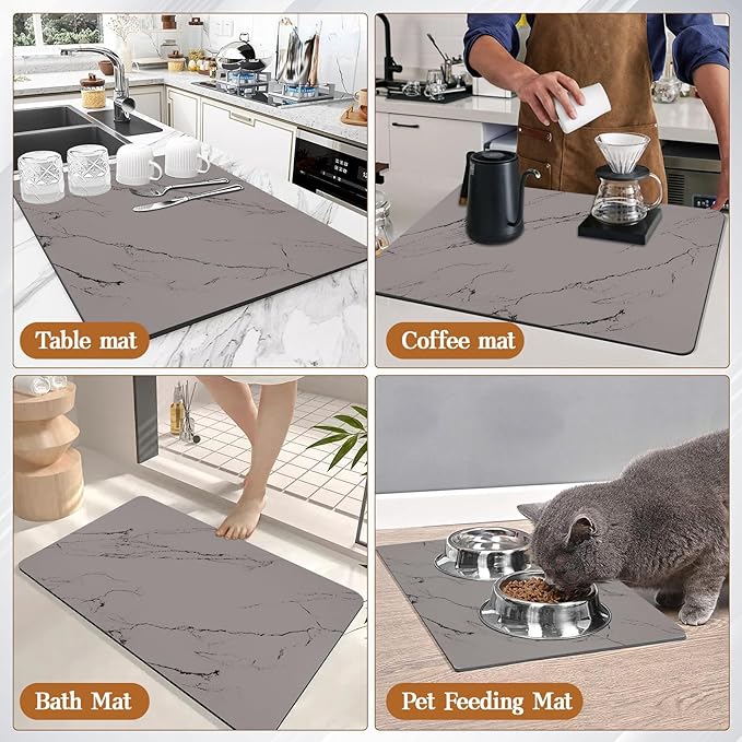 Dish Drying Mats for Kitchen Counter, 24"x16" Absorbent Coffee Bar Mat, Quick Dry Dish Rack Pad with Rubber Backed Non-Slip Marble Pattern Kitchen Counter Dish Draining Mat Easy to Clean (Gray)